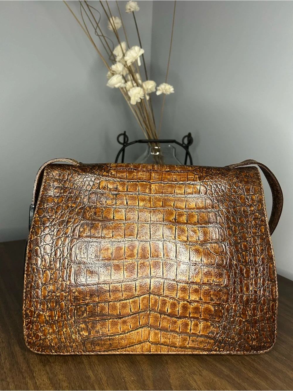 Coccinelle Brown Croc Embossed Leather Shoulder Bag
